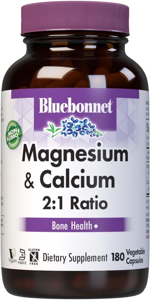 Bluebonnet Nutrition Magnesium &amp; Calcium 2:1 Ratio, Bone Health*, Non-GMO, Vegan, Kosher Certified, Gluten-Free, Soy-Free, Dairy-Free, 180 Vegetable Capsules, 60 Servings