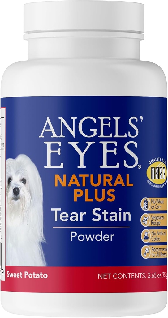 Los ojos de los ángeles Natural Plus Tear Stain Suplemento Dulce Potato Polvo para Perros, Prevenga piel manchada, Eyebright, hoja de oliva, raíz de malvavisco, No trigo o maíz, Ingredientes limitados, vegetariano, 75g