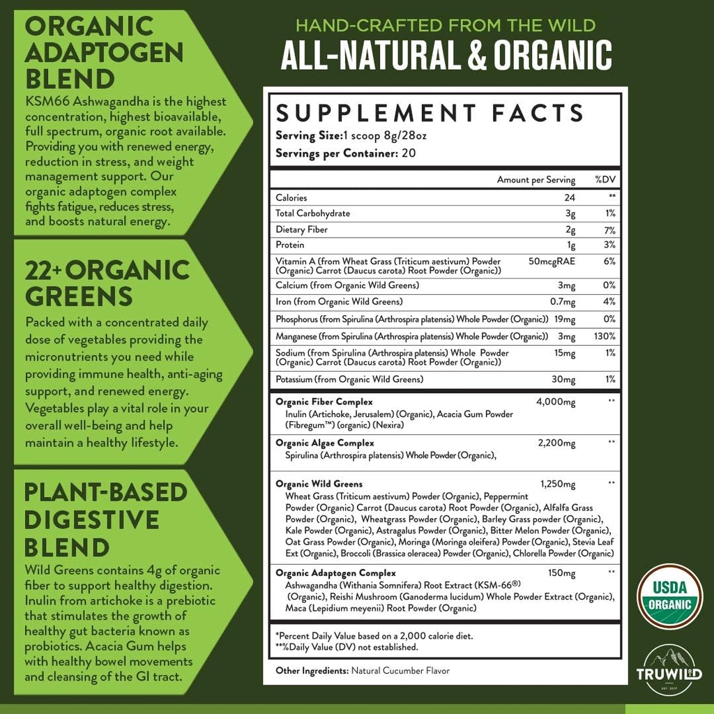 TruWild Greens Superfood Juice Powder, con 22+ Greens & Anti-Oxidants, Natural Immune, Stress, Digestion Support Powder, 90 Servings, 3 Pack