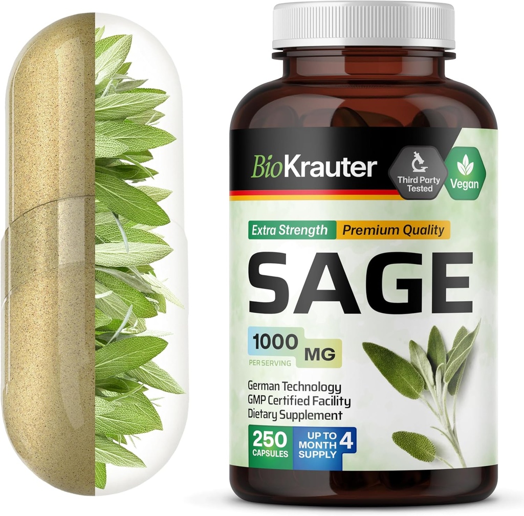 BIO KRAUTER Sage Supplement Capsules 1000 mg - 250 Vegan Caps - Suplemento con Salvia Officinalis - Immune &amp; Digestive Support - Rich in Antioxidants