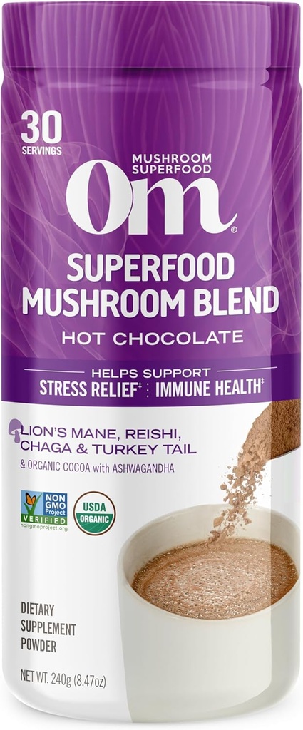 OM MUSHROOM SUPERFOOD Hot Chocolate Blend – Dutch Cocoa with Lion’s Mane, Reishi, Chaga & Turquía Tail – Apoya Focus, Calm &amp; Stress Relief – 2g Azúcar, 25 Calories – 8.47 oz Canister (30 Servimientos)