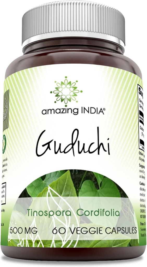 Increíble India Guduchi 500 Mg Suplemento TENIDO Tinospora Cordifolia Vegetarian Capsules Silencio No-GMO TENIDO Gluten-Free TEN Made in USA (1 Pack ← 60 Count)