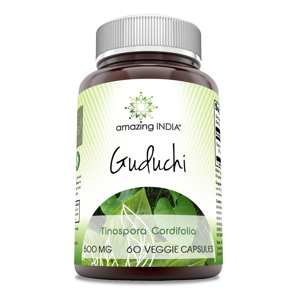 Increíble India Guduchi 500 Mg Suplemento TENIDO Tinospora Cordifolia Vegetarian Capsules Silencio No-GMO TENIDO Gluten-Free TEN Made in USA (1 Pack ← 60 Count)