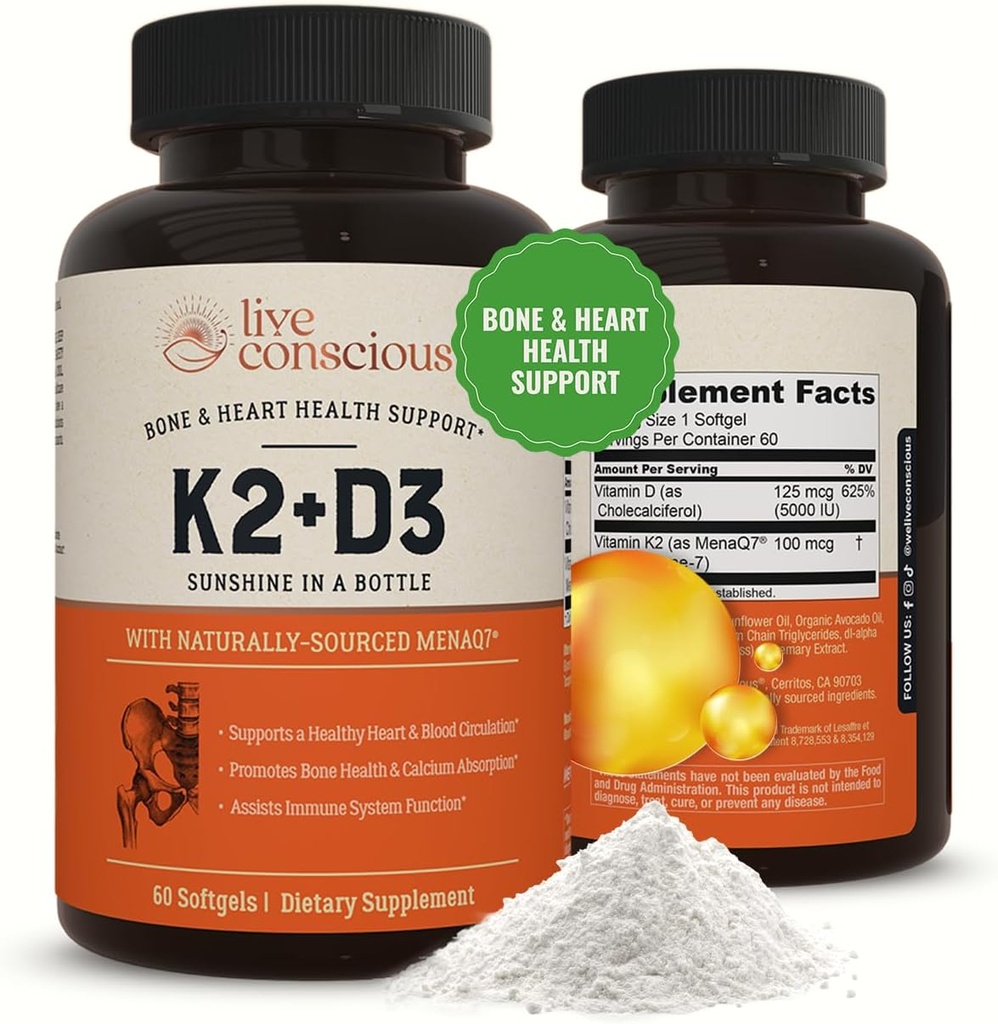 Vitamina Conscious K2 MK7 con suplemento D3 ← Bone & Heart Health Support - Patented Vitamin K &amp; Vitamina D3 5000 UI - 60 Softgels