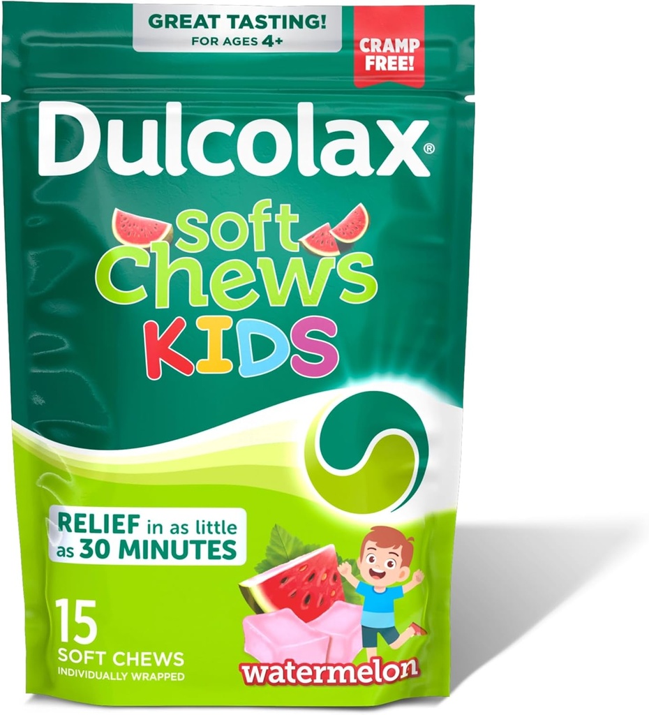 Dulcolax Kids Saline Laxative Soft Chews, Stimulant-Free Laxatives, Gentle Constipation Relief for Kids, Softens Stool, Watermelon Flavor, Magnesium Hydroxide 1200 mg, 15 Count