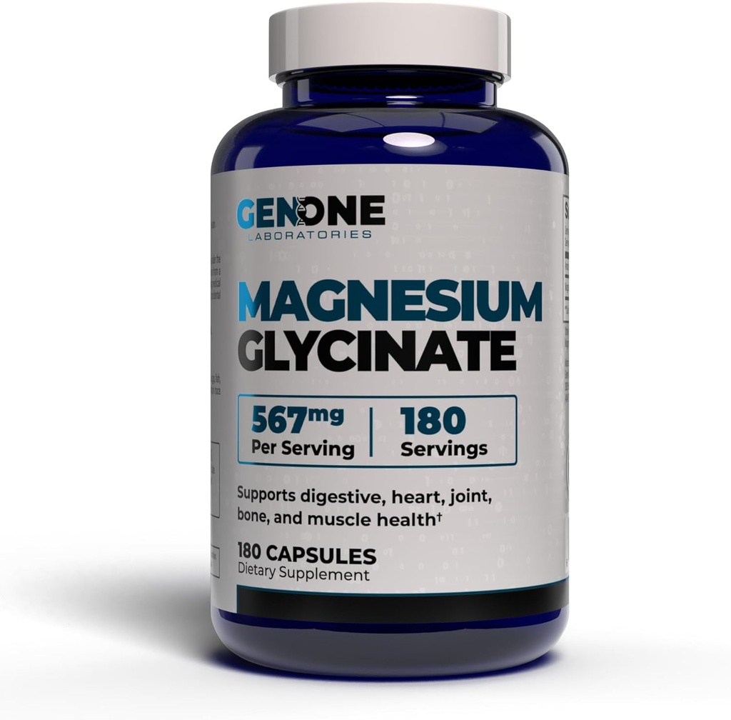 GenOne Magnesium Glycinate Capsules - Ausorción Mejorada para Bone ' Mental Support - Gentle on Stomach 567mg per Serving - 180 Conde