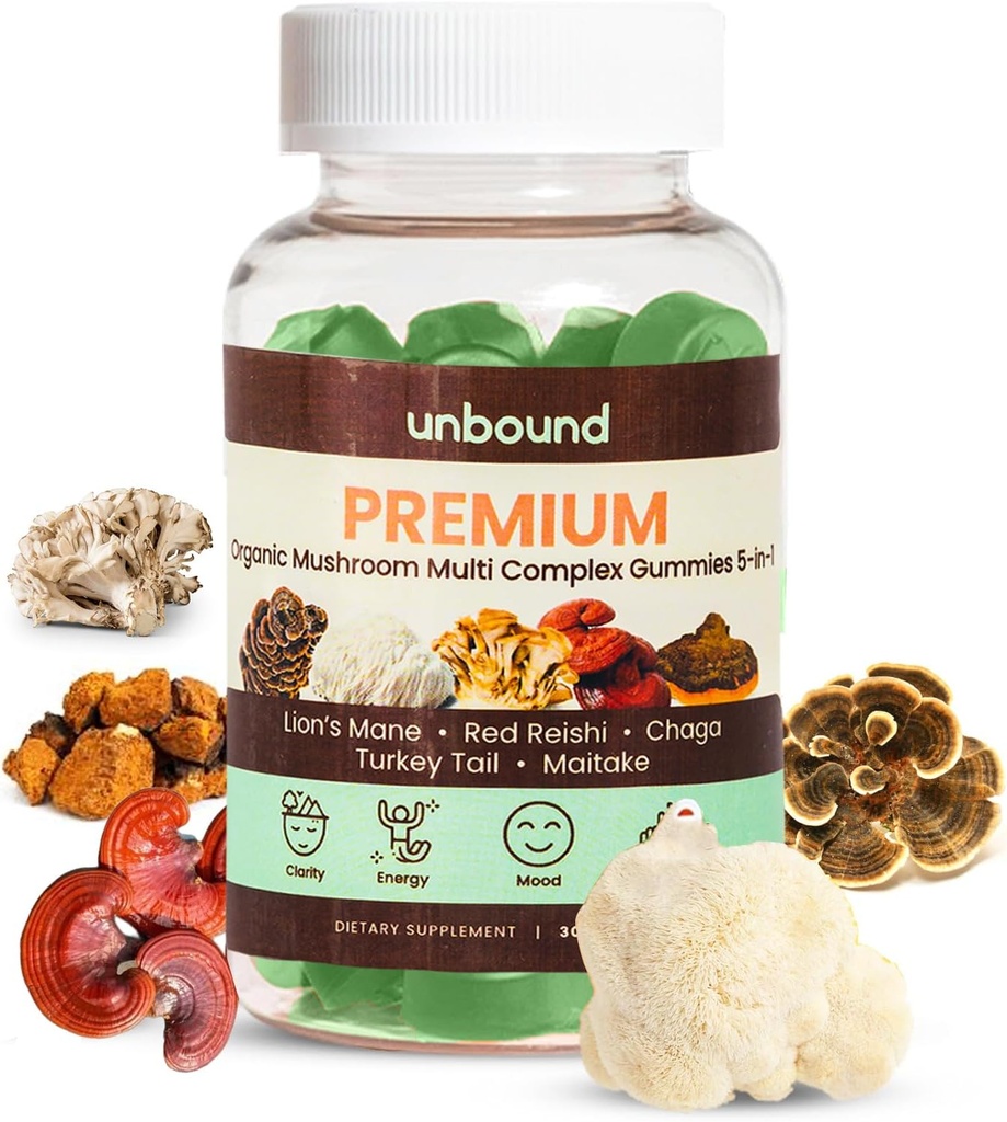 Unbound Premium Organic Mushroom Multi-Complex Gummies for Support Memory 5 in 1, Blend with Chaga, Lion's Mane, Reishi, Turquía Tail, Maitake - 60 Gummies,