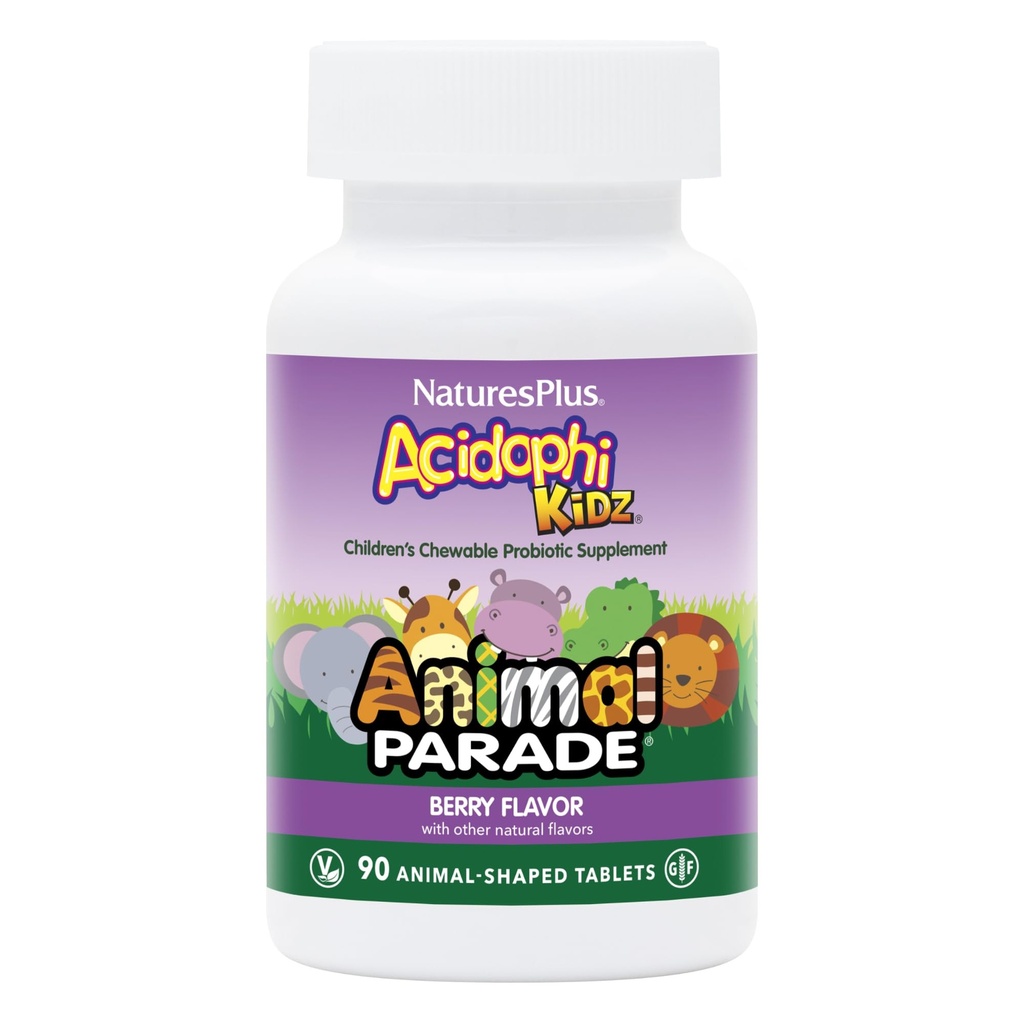 NaturesPlus Animal Parade AcidophiKidz, Berry Flavor - 90 Chewable, Animal-Shaped Tablets - Pack of 2 - with Probiotics, FOS & Grape Seed - 180 Total Servings