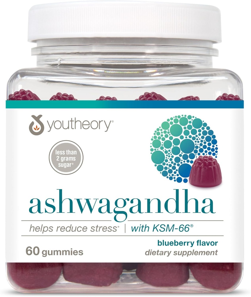 Youtheory Ashwagandha - Vegetarian Energy &amp; Stress Support Supplement with Organic KSM-66 & Ginger Extract - Low Sugar - Blueberry, 60 Gummies (30-Day Supply)