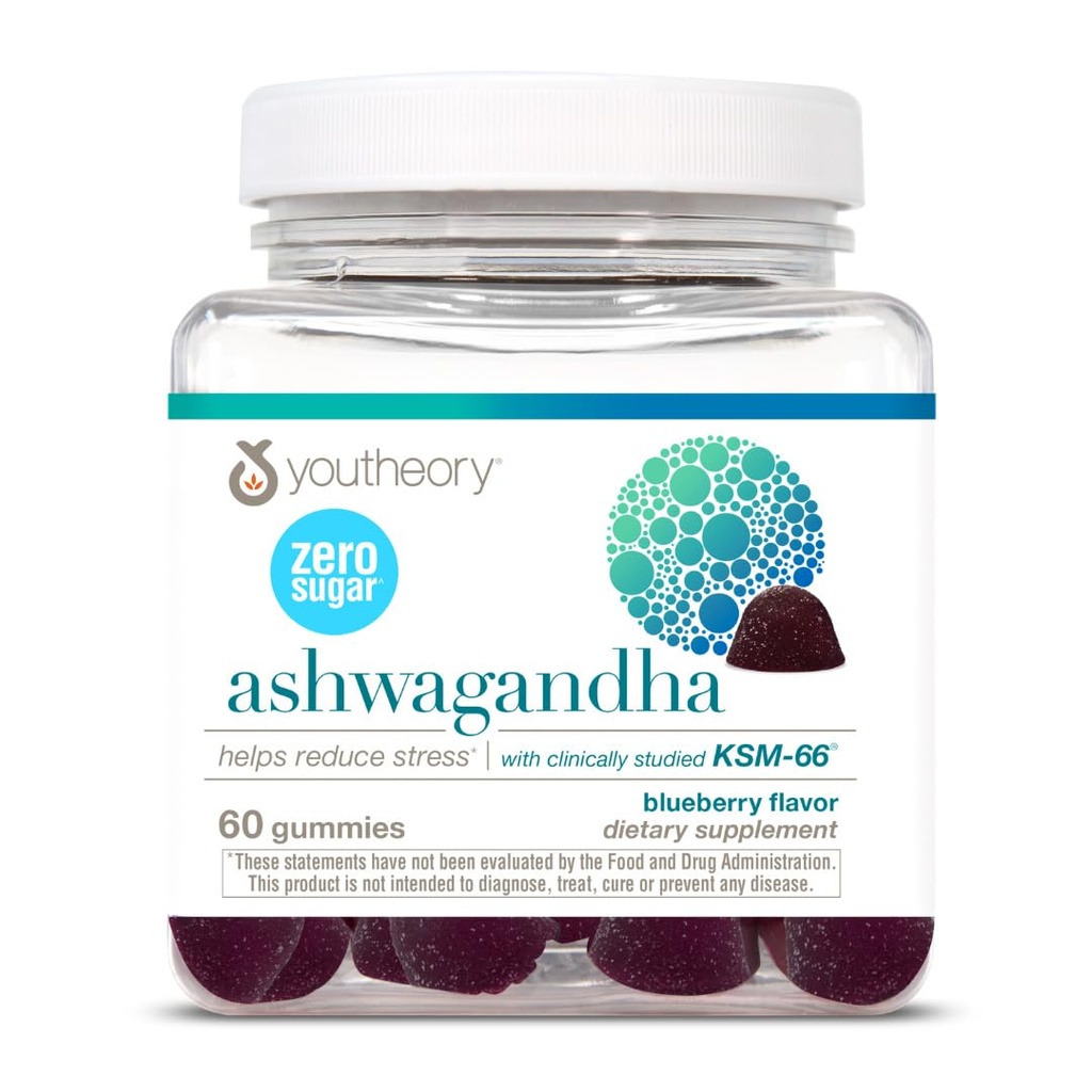 Youtheory Ashwagandha - Vegetarian Energy &amp; Stress Support Supplement with Organic KSM-66 & Ginger Extract - Low Sugar - Blueberry, 60 Gummies (30-Day Supply)