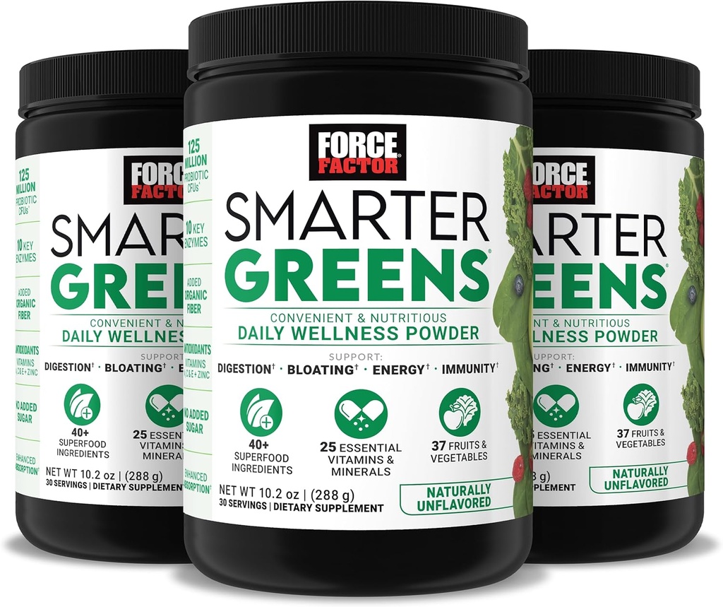 Factor de fuerza más inteligente Greens Daily Wellness Powder 3-Pack to Support Energy, Immunity & Digestion, Greens Powder, Superfood Powder with Vitamins, Minerals & Probiotics, Unflavored, 90 Servings