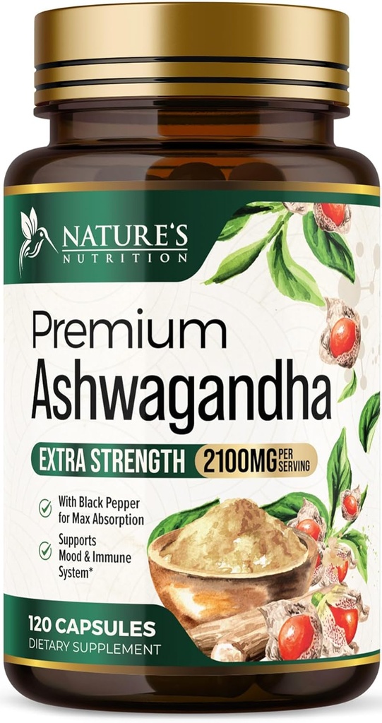 Suplementos de Ashwagandha - 2100mg Cápsula de Ashwagandha para Hombres de Mujeres, Apoyo Antioxidante Natural, Extracto de Ashwa Root, Apoyo a la calma de fuerza extra con Pepper Negro, Vegan &amp; Gluten Gratis - 120 Cápsulas