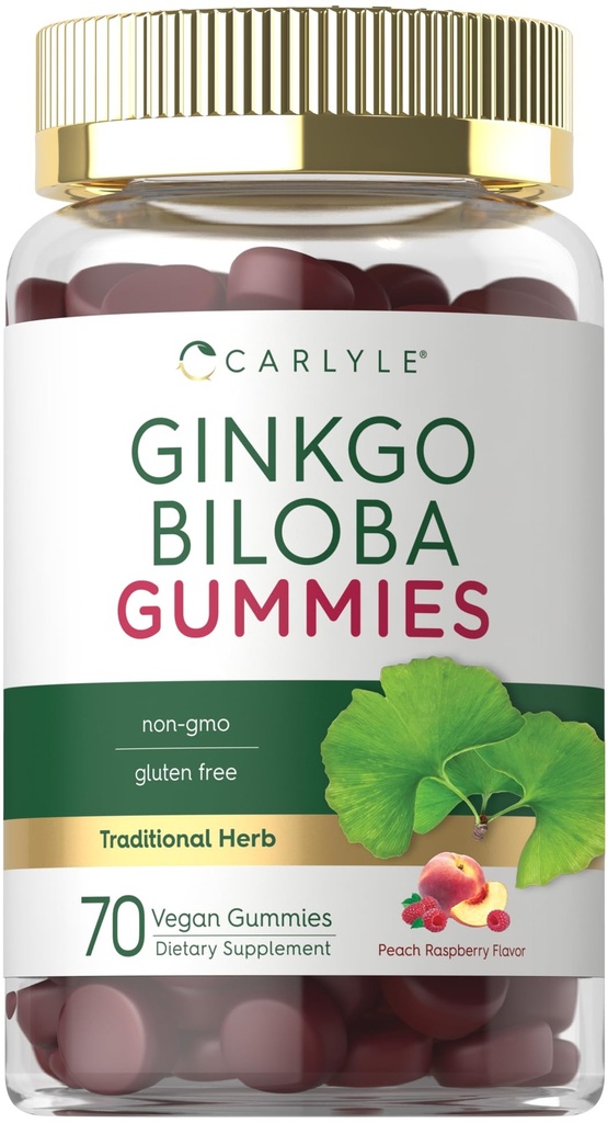 Carlyle Ginkgo Biloba 300mg ← 70 Gummies TEN 45:1 Extracto de hoja con Peach Raspberry Flavor ANTE Vegan, Non-GMO, Gluten Free Supplement