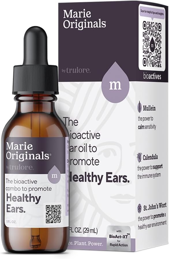 Marie Originals Natural Ear Oil Drops ← Mullein Aceite de ajo gotas para la prevención de la infección, Herbal Ear Ache Drops for Adults, Kids &amp; Pets, Soothes Ear Pain &amp; Wax Removal, Earache Remedies (1 Pack)