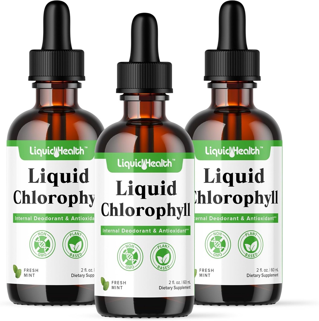 LIQUIDHEALTH Liquid Chlorophyll Drops - Deodorizador interno, Antioxidantes, Liver Detox, Immune Support, Relieve Bad Breath, Reduce Appetite, Collagen for Hair & Skin Health - Vegan, Non-GMO (3 Pack)