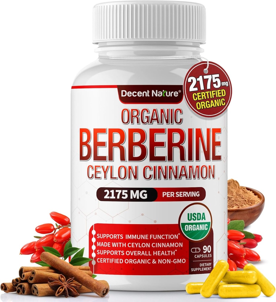 Berberina orgánica con canela de Ceylán 2175mg - suplemento de berberina Premium extracto de alta pureza USDA Orgánica, apoyo sistema inmunitario, Complejo Berberine Plus, No GMO Vegan para Hombre Mujeres 90 cápsulas