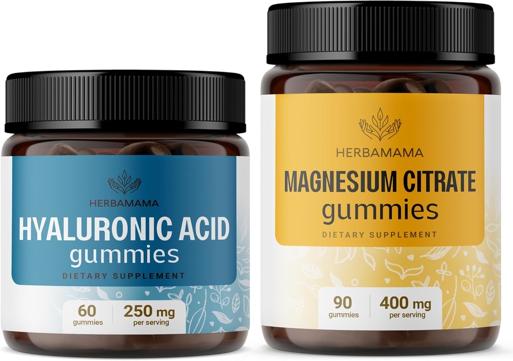 HerBAMAMA Kit de ácido hialurónico y magnesio - Agrupo de 250 mg Ácido hialurónico &amp; 400 mg Gummies de citrato de magnesio - Vegan, No GMO, Gelatin-Free - 2 Pack
