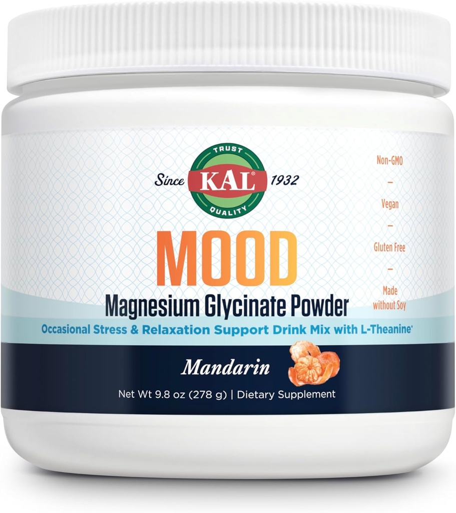 KAL Mood Magnesium Powder con L-Theanine - Mandarin Flavor Magnesium Suplemento - Relajación Apoyo, Alta Absorción, No Añadido Sugar, Vegan, Gluten Libre, Hecho Sin Soy - 40 Servimientos, 9.8 oz
