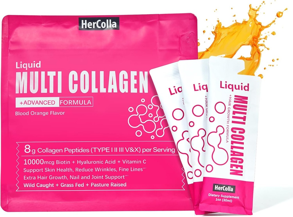 Collagen líquido para mujeres, 10000mcg Biotina, 8000mg Multi tipo de péptidos colágenos, ácido hialurónico, vitamina C, piel, uñas, suplemento de pelo, sabor a naranja, 10 Fl oz. (1 Pack, Orange)