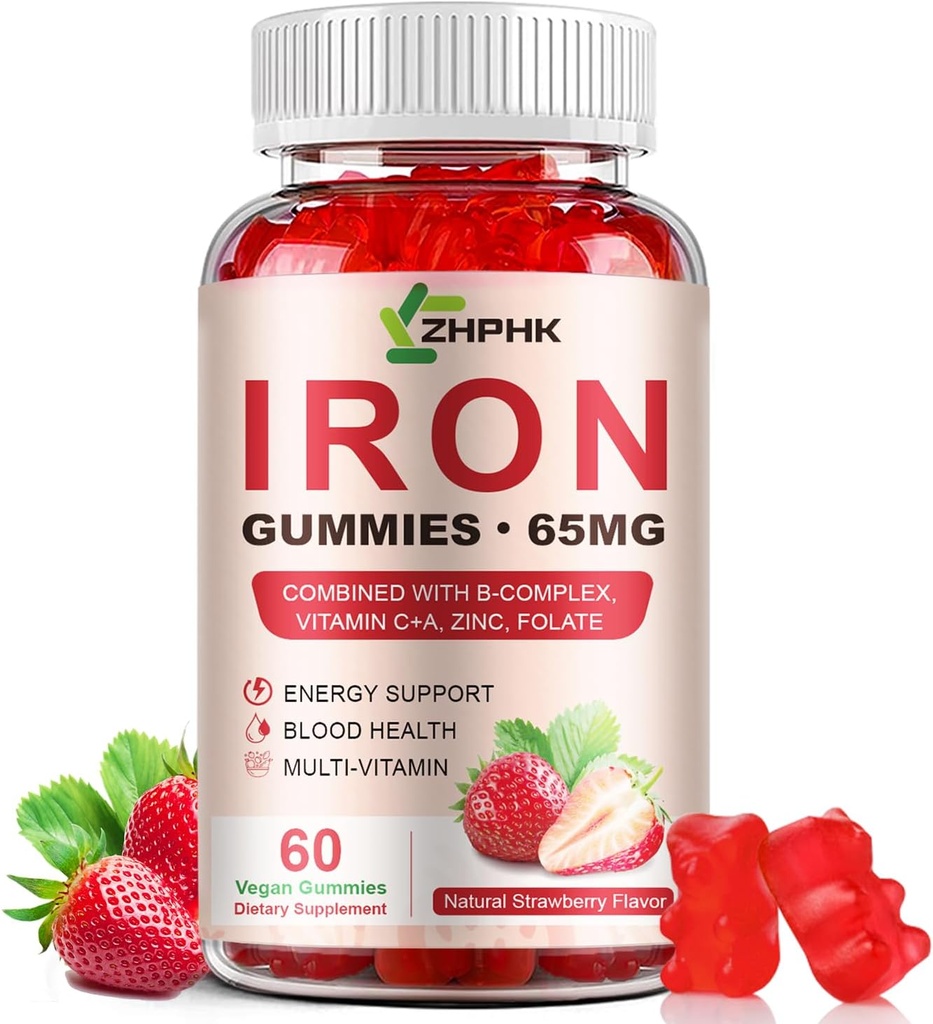 Suplemento de hierro Gummies, 65mg Hierro y 250mg Vitamina C para Mujer Hombre Niños, Natural Vegan Iron Gummy con Vitamina A, B-Complex, Biotina, Zinc &amp; Folate Energy Support &amp; Immune Health, 60 Gummies