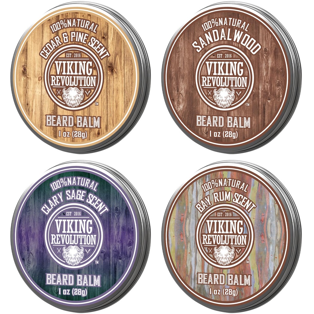 Vikingo Revolución 4 Beard Balm Variety Pack (1oz Cada uno) - Sandalwood, Pine &amp; Cedar, Bay Rum, Clary Sage - Estilos, Fortalece y suaviza barbas y bigotes - Wax for Men