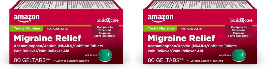 Cuidado básico Migraine Relief Geltabs, Acetaminophen, Aspirin (NSAID) y Caffeine, 80 Cuenta (Pack of 2)