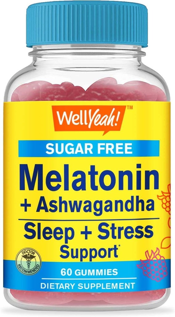 WellSí Melatonin (2mg) con Ashwagandha (850mg) Gummies gratis de azúcar - Suplemento de ayuda para dormir y estrés - con manzanilla, limón, lavanda y valeriana - sabor natural - 60 conde