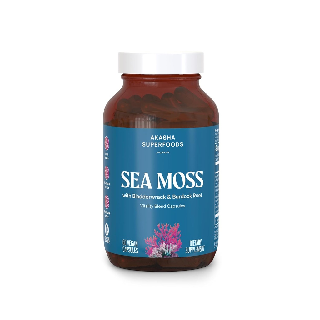Akasha Superfoods Sea Moss Capsules, Organic Irish Moss with Bladderwrack Root, Burdock Root, and BioPerine, Skin, Thyroid, Digestion & Immunity Support for Women ' Men, Gluten Free, Vegan, 60 Contando