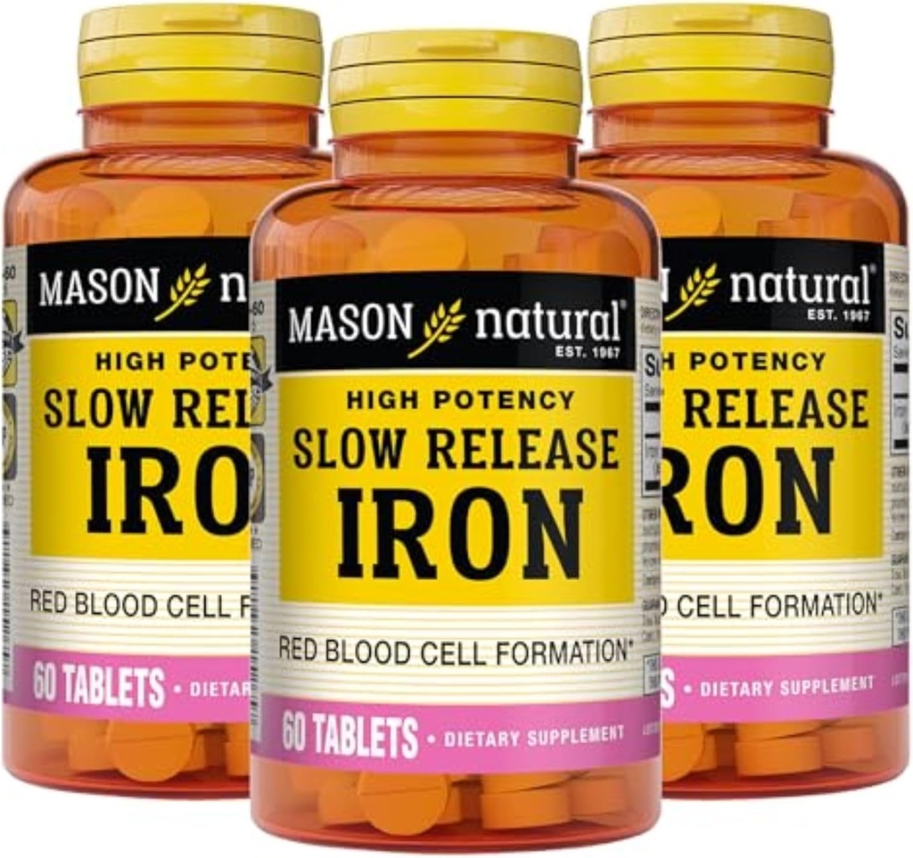 Mason Natural Slow,Release Iron (sulfato ferroso) 50 mg Tabletas, 180 Day Supply, High Potency Supplement, Gentle on Stomach, 3 Pack