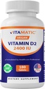 Vitamina Vitamática D2 60 mcg (2400 UI) - Ergocalciferol - 180 Tabletas Vegetarianas (180 Tabletas (Pack of 1)) (1 Botella)