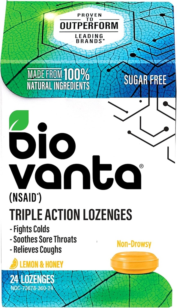 Biovanta Natural Ingredientes sin azúcar para tos, frío y dolor de garganta, 24 Lemon Honey Throat Lozenges
