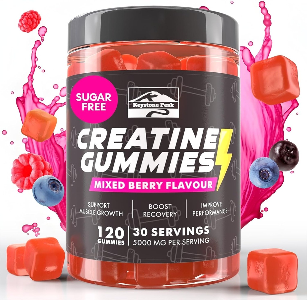 KP Creatine Monohydrate Gummies Mixed Berry for Men &amp; Women, 100% Creatine Mixed Berry Gummies, 5g per Serving + Vegan, Sugar Free, Mixed Berry + Strength, Energy, Muscle & Booty Gain - 120 Count