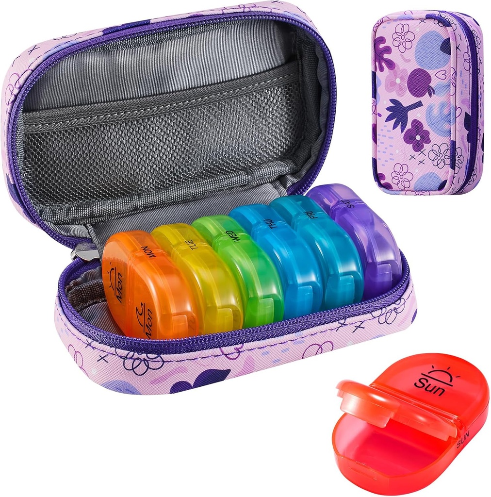 Serfeymi Organizador semanal de píldoras de viaje 2 veces al día AM Upgraded Rainbow Pill Box 7 Day with Portable Zipper PU Leather Pill Case, Medicine Organizer for Pills, Vitamins, Fish Oils - Purple 02