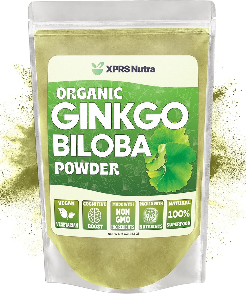 XPRS Nutra Organic Ginkgo Biloba Powder - Gingko Biloba Suplementos para la Cognición - Vegan Friendly Ginkoba Biloba Orgánico - Inmunity Boosting Ginkgo Biloba Powder (16 oz)