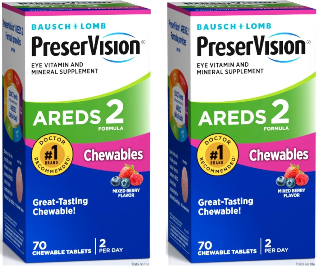PreserVision AREDS 2 Ojo Suplemento de vitamina &amp; Mineral, mezclado de sabor de Berry Chewables, 70 Cuenta (Pack de 2)