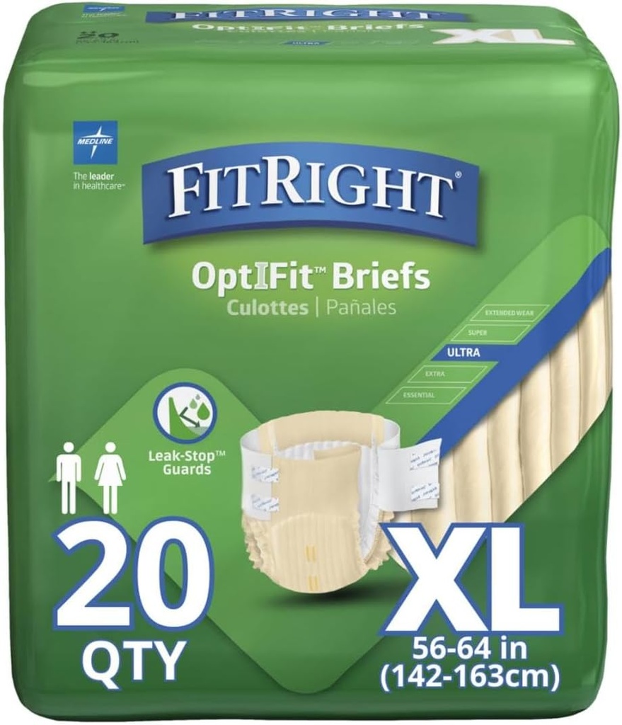 FitRight Adult Diapers, Ultra Heavy Absorbency, XL (Waist Size 56in-64in), 80 Conde, OptiFit Incontinence Briefs for Men and Women, Disposable, Moisture-Wicking, Leak Protection,