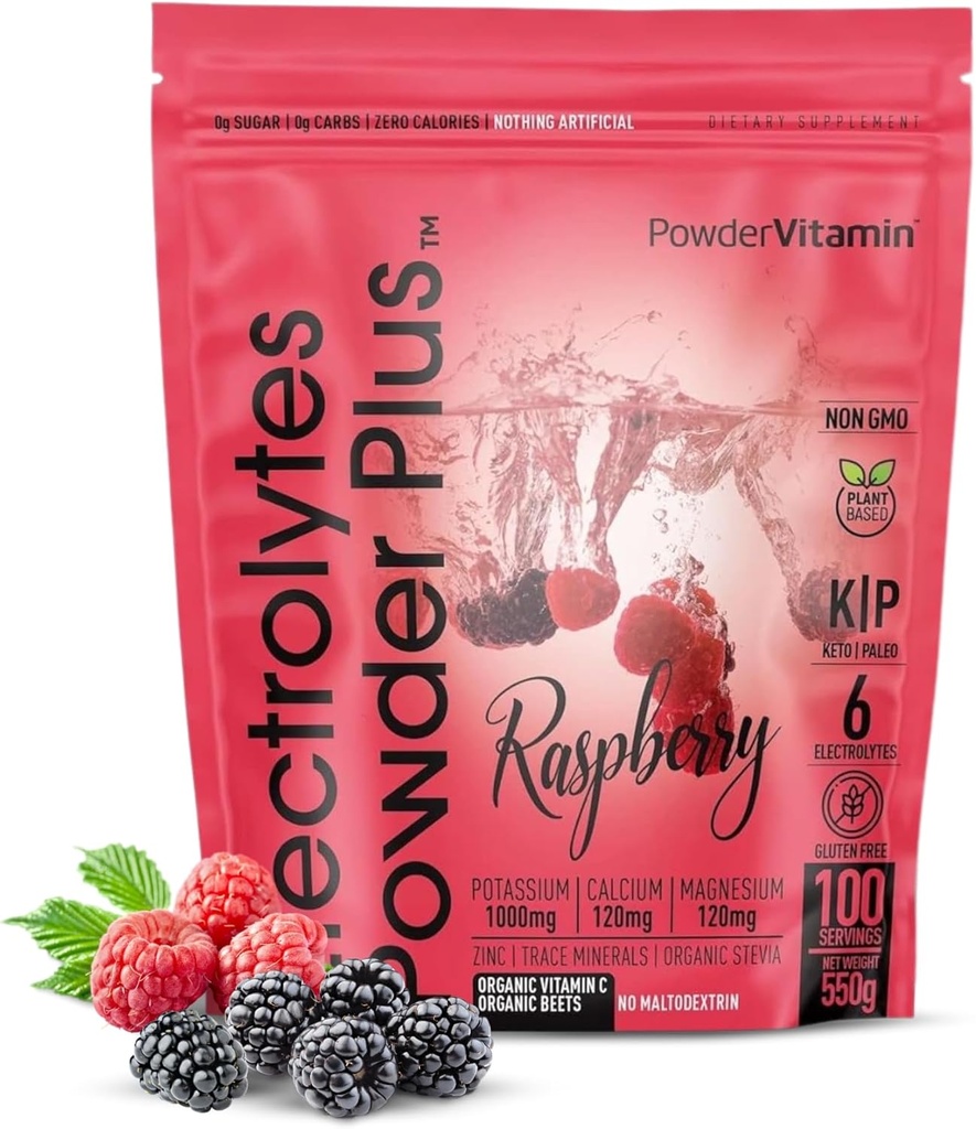 PowderVitamin Electrolytes Powder Plus (100 Servings) Raspberry Electrolyte Powder, Zero Calorie, Keto, 0 Sugar, No Maltodextrin,1000mg Potassium,120mg Calcium,120mg Magnesium, Energy Hydration Powder
