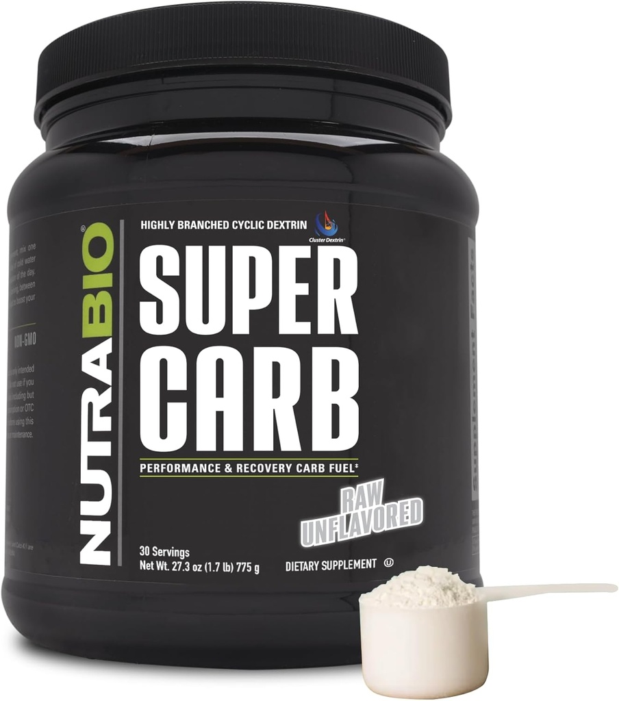NutraBio Super Carb, Polvo de Carbohidratos con Electrolitos de Dextrin de Cluster, Pólvora de suplemento de carbohidratos avanzados para combustible de entrenamiento, rendimiento y recuperación de músculo, dextrina ciclica, desinflavorado, 30 Sv