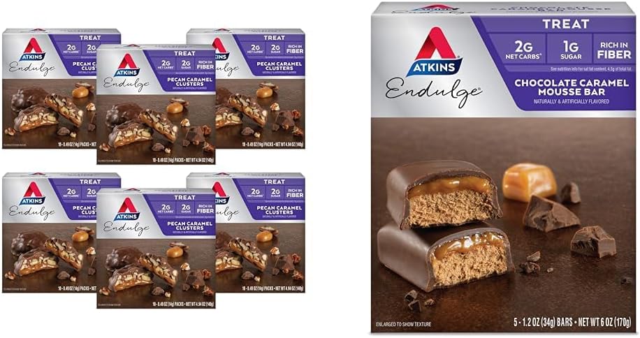 Atkins Pecan Caramel Clusters, 60 Count & Chocolate Caramel Mousse Bars, 5 Count - Low Sugar Dessert Favorites