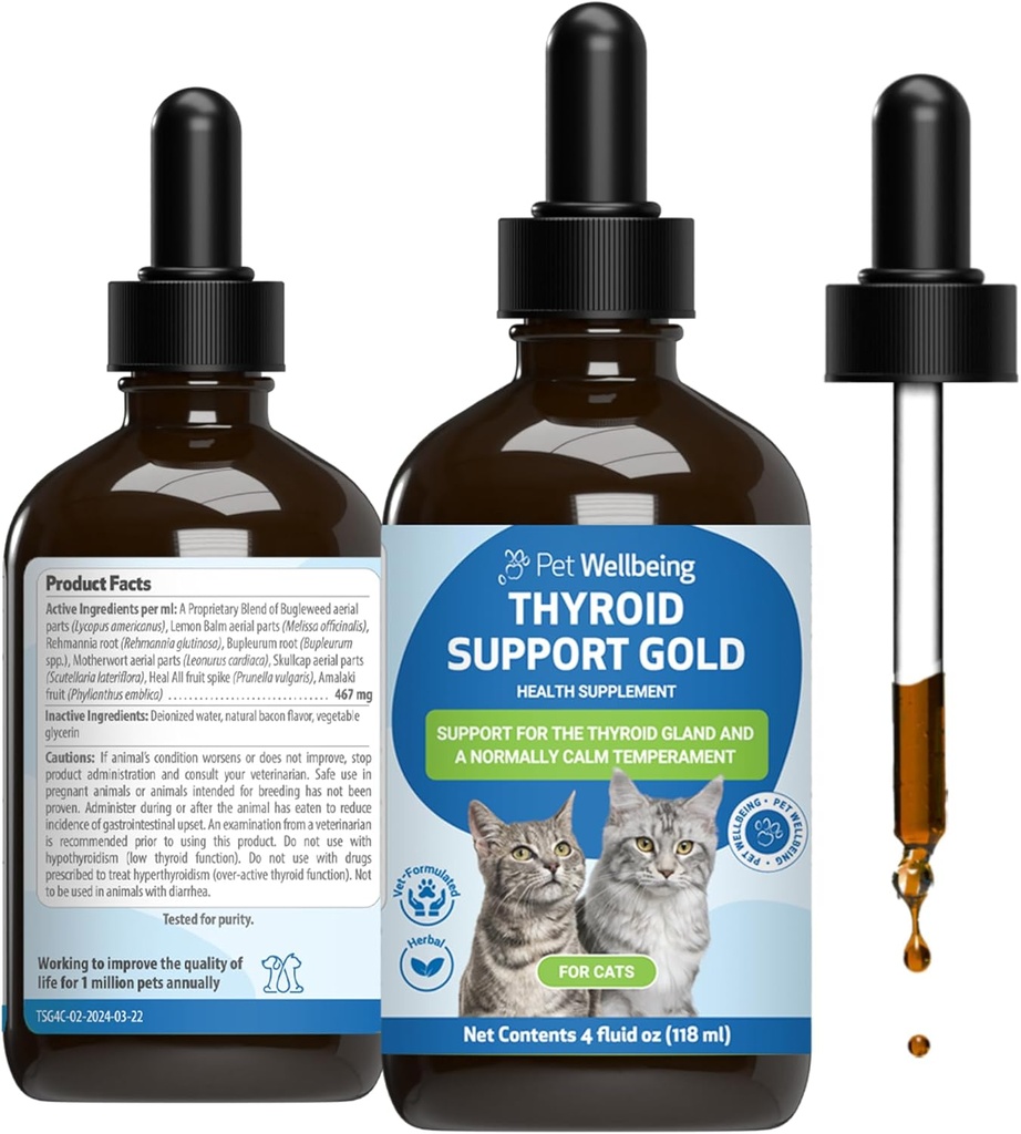 Pet Well being Thyroid Support Gold for Cats - Supports Healthy Thyroid Gland Function in Cats, Normal Metabolism, Bugleweed, Lemon Balm - Veterinarian-Formulated Herbal Supplement 4 fl oz (118 ml)