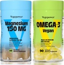 Vegan Omega-3 + Magnesium Gummies ← Algae Omega-3 800mg DHA Suplementos para Cerebro, Ojos del Corazón Salud- 90 Conde Ø 150mg Magnesium Citrate Gummies for Adults and Kids Calm Sleep, Relax