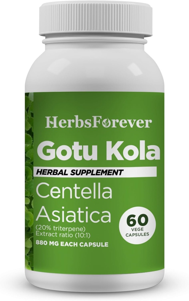 Herbsforever Gotu Kola Capsules ← Centella Asiatica Suplemento Herbal, 800 mg Cada tóxico 60 cápsulas de Veg para la claridad mental, Focus ¦
