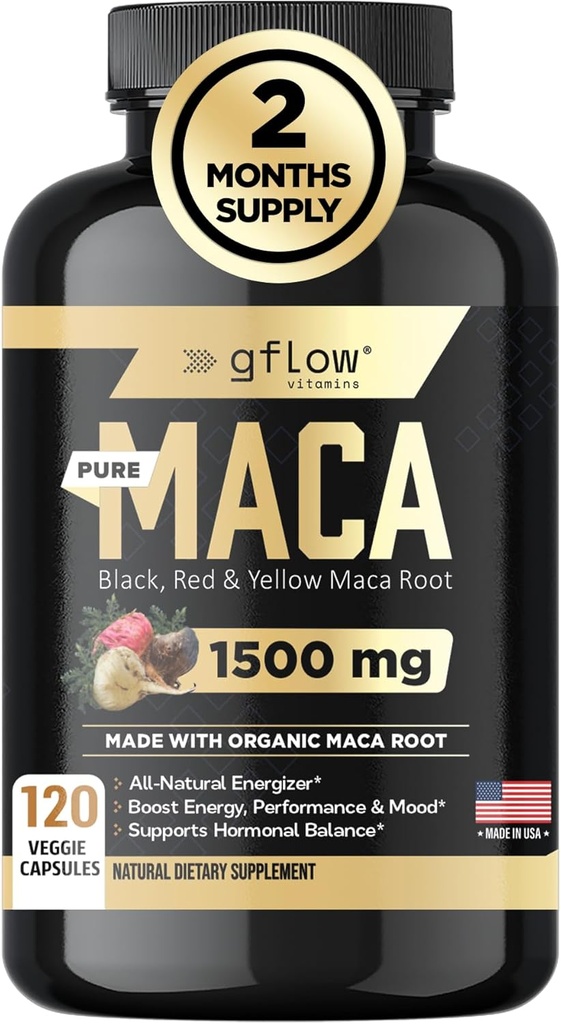 Ecológico Maca Root Capsules para Hombres Mujer - Negro, Rojo, Amarillo Peruano Maca Root Extracto " Black Pepper - 120 Pills Vegan - Apoya Energía, Rendimiento " Mood