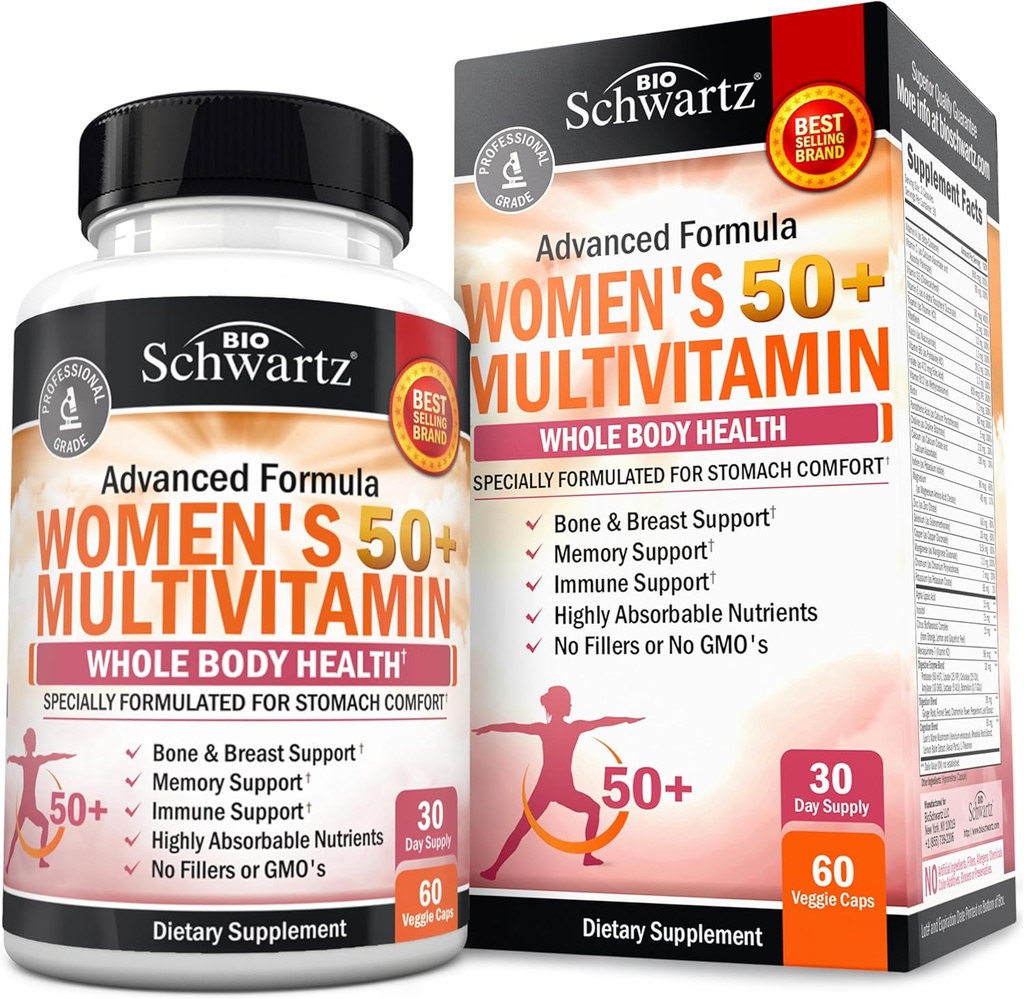 Multivitamínico diario para mujeres 50 &amp; Over – Suplemento de soporte de memoria – Promueve la reducción de estrés &amp; Respuesta sana de inmunológico – Suplemento multivitamina de mujeres diseñado para Stomach Comfort - 60 cápsulas