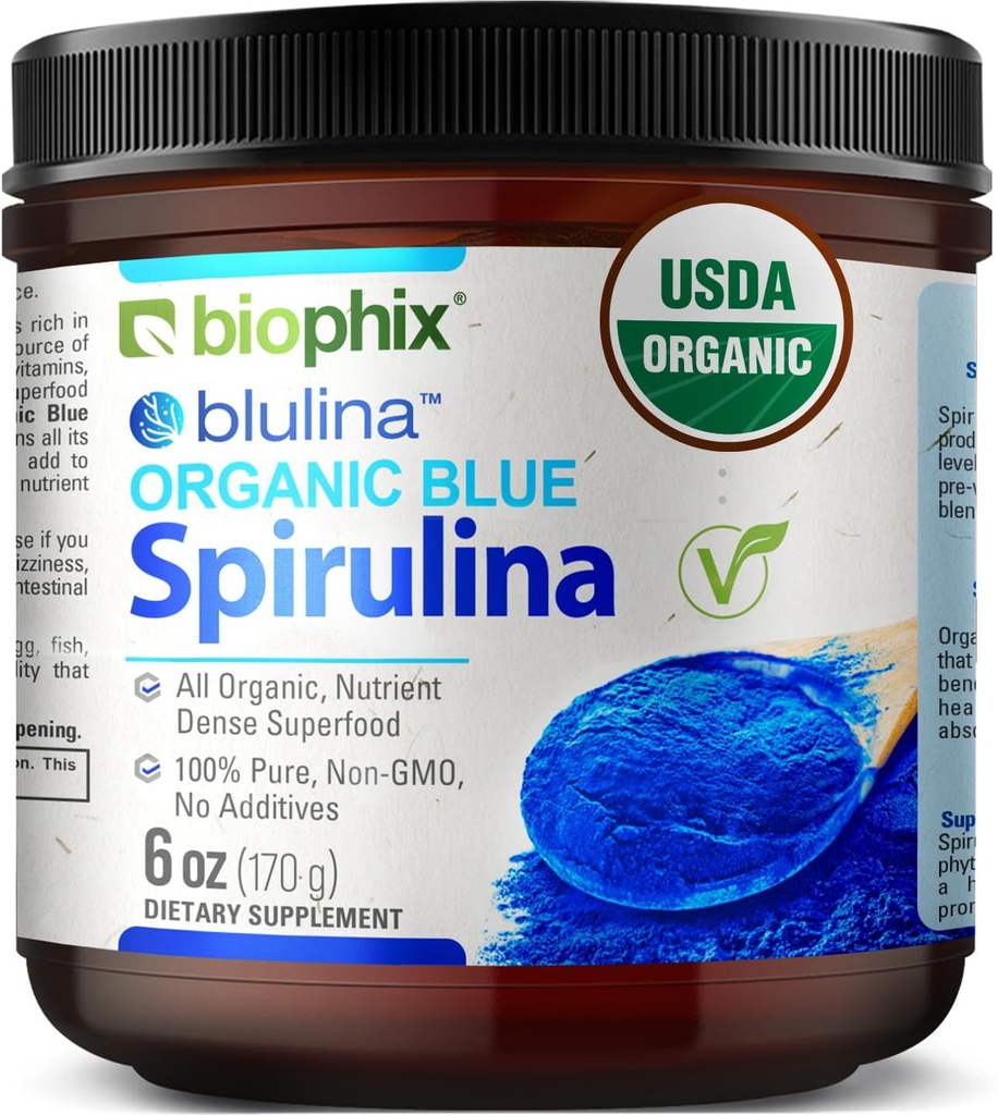 biofix Blue Spirulina Powder Organic Blulina 6 oz - Algae Organic Spirulina Powder 170 Servings - Suplemento Superfood - Natural Blue Pigment - Espirulina en Polvo Organica Pura Azul