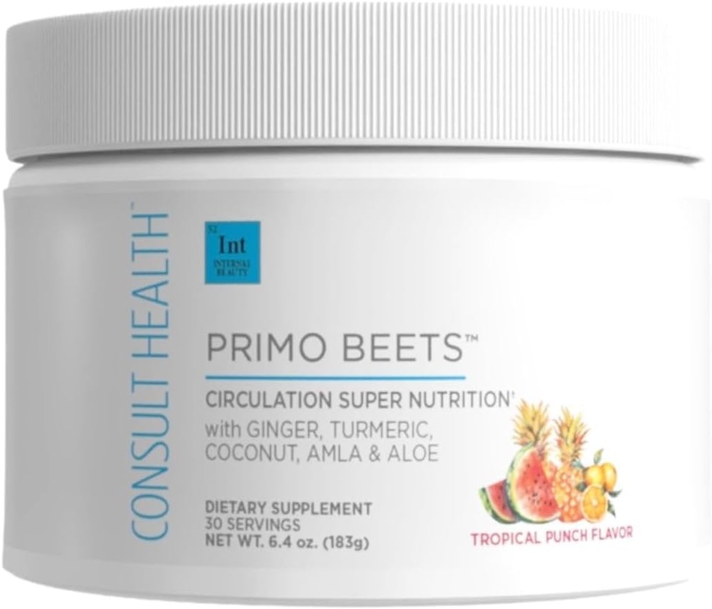 Consult Health Primo Beets - Bebida de hoja de remolacha mezcla con electrolitos - Nitratos para apoyar Circulación - Energía de coco - Peligro &amp; Turmérico - Hombres - Tropical Punch Flavor - 30 Servimientos