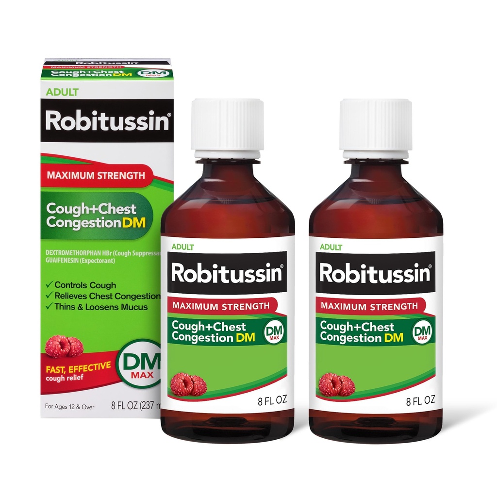 Robitussin Adult Maximum Strength Cough Plus Chest Congestion DM Max, Cough Suppressant and Expectorant, Raspberry Flavor, 8 Fl Oz x 2