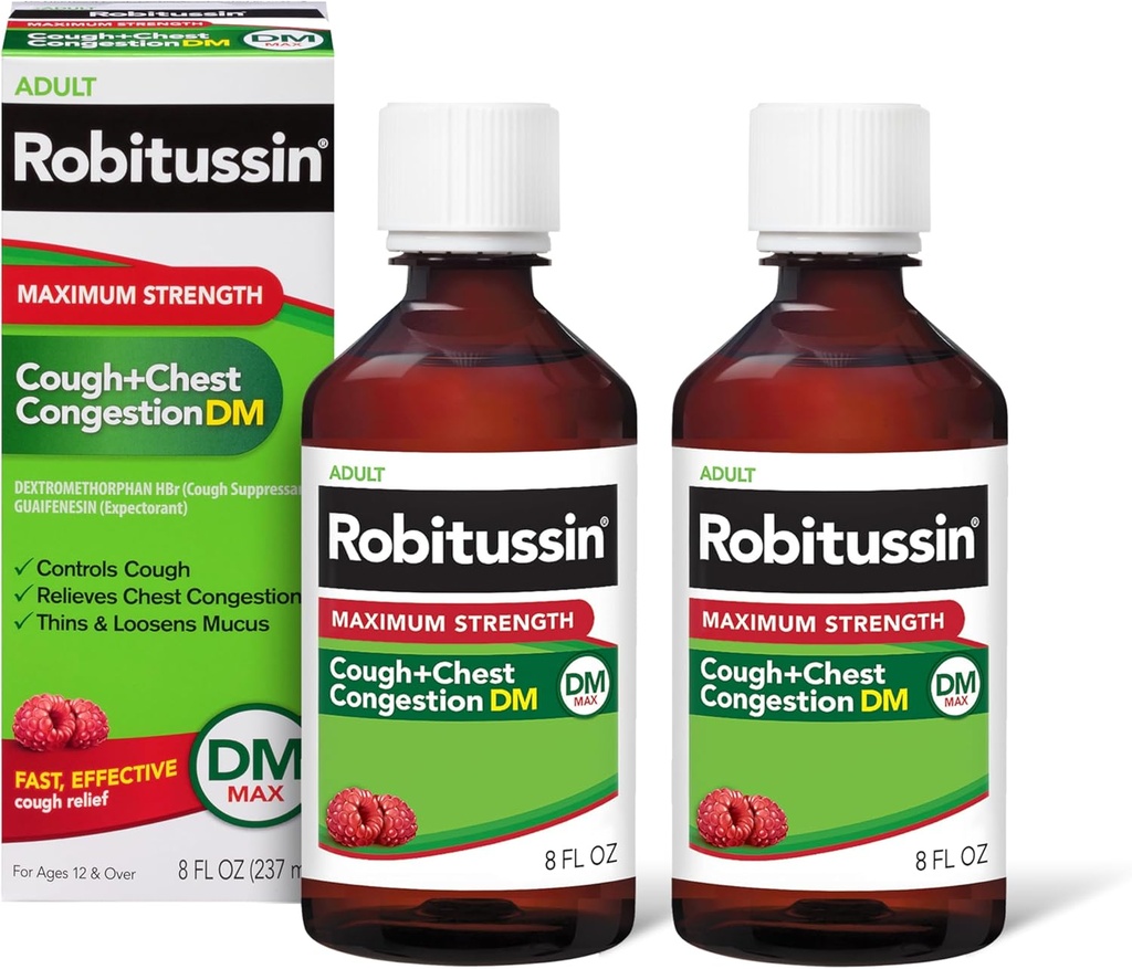 Robitussin Adulto Máximo Estréngth Cough Plus Chest Congestion DM Max, Tos Suppressant and Expectorant, Raspberry Flavor, 8 Fl Oz x 2