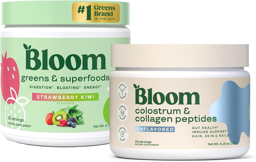 Bloom Nutrition Superfood Greens Powder, Enzymes Digestivos con Probióticos y Prebióticos, Gut Health, Bloating Relief, Strawberry Kiwi + Bovine Colostrum Powder ← Pure 40% IgG Premium Colostrum