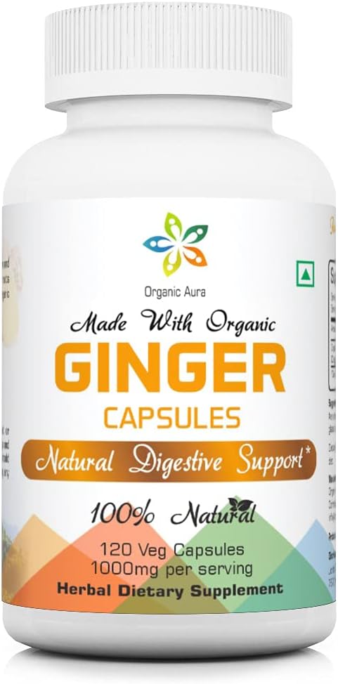 Organic Aura Ginger Capsules - 120 Veg Capsules. 2 Month Supply. Naturalmente aumenta la digestión, aumenta el estómago y mejora la inmunidad. No hay GMO y Gluten Free.